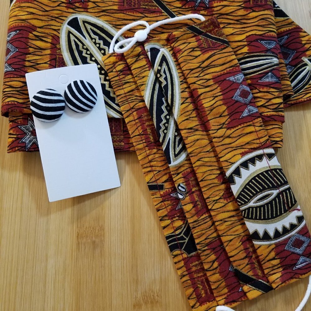 Hand Crafted Ankara Head Wrap Mask and Earrings Burgundy Gold Black 3-pieces